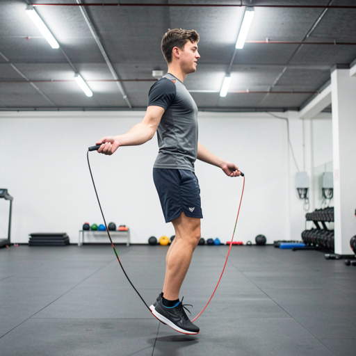man jumping rope sideways in gym